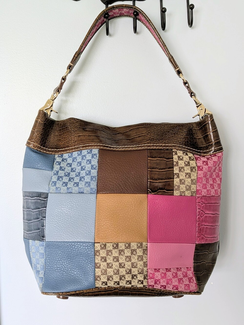 Liz Claiborne Patchwork Leather Shoulder Bag in Pink, Blue, Brown